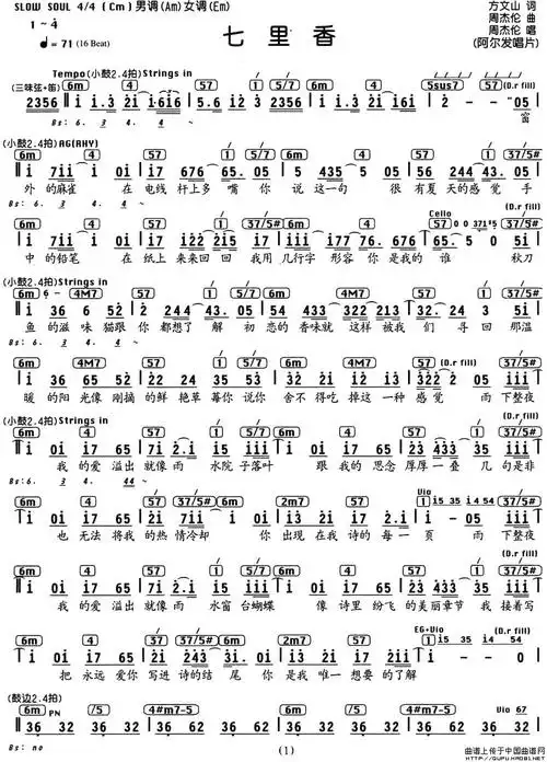 七里香 简谱 曲谱 歌词