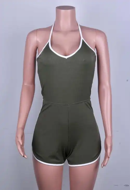 2020新款夏装欧美撞色边条纹修身绑带连体衣女居家健身连体裤