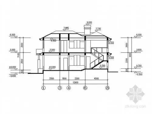 2层简欧式独栋别墅建筑剖面图