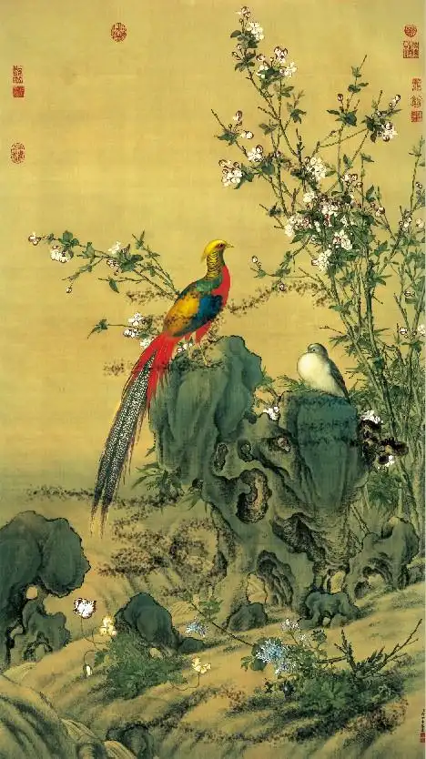 仿古画名画复制品郎世宁锦春图国画花鸟画玄关装饰画名人字画书画