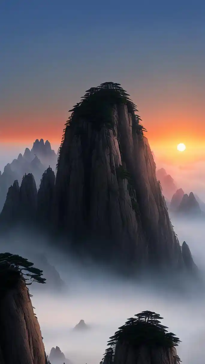 黄山迎客松,日出,云海,高清,唯美意境 黄山迎客松,日出,云海,高清