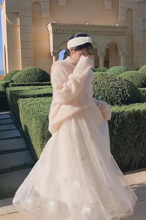 温柔风高腰珍珠网纱半身裙秋冬女中长款a字仙女裙冬天配毛衣 纱裙