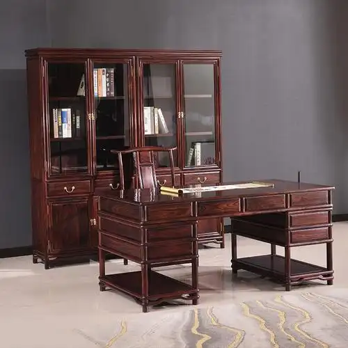 国标红木印尼黑酸枝书柜办公桌组合阔叶黄檀中式书桌写字台电脑桌