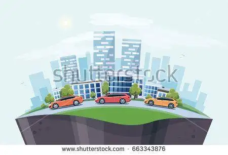 of modern cars parking along the town street in cartoon style