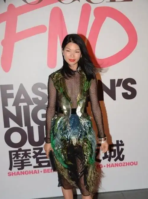 吕燕真不愧是超模穿一身孔雀毛连衣裙结合黑色渔网气场全开