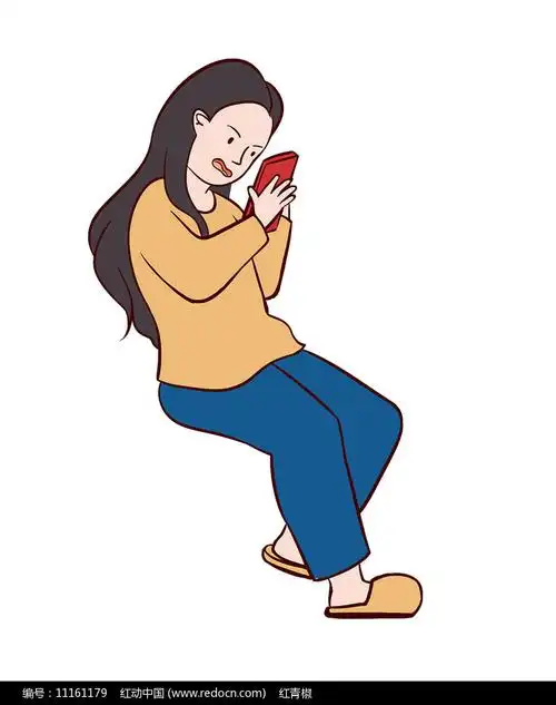 手绘卡通人物弯腰塌肩坐着玩手机的女士插画