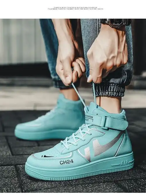 秋季冰蓝色aj空军一号高帮板鞋中学生百搭青少年运动个性潮鞋 冰蓝 39