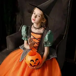 万圣节儿童服装女童cos女巫装扮衣服宝宝南瓜裙子魔法巫婆演出服