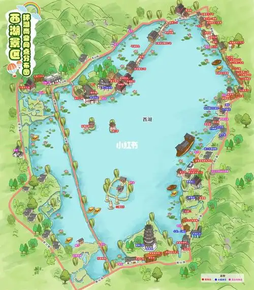 西湖景区环湖商业网点分布手绘地图