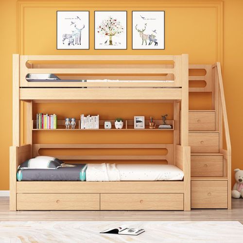 包安装榉木儿童床上下床子母床高低床实木上下铺进口双层床梯柜