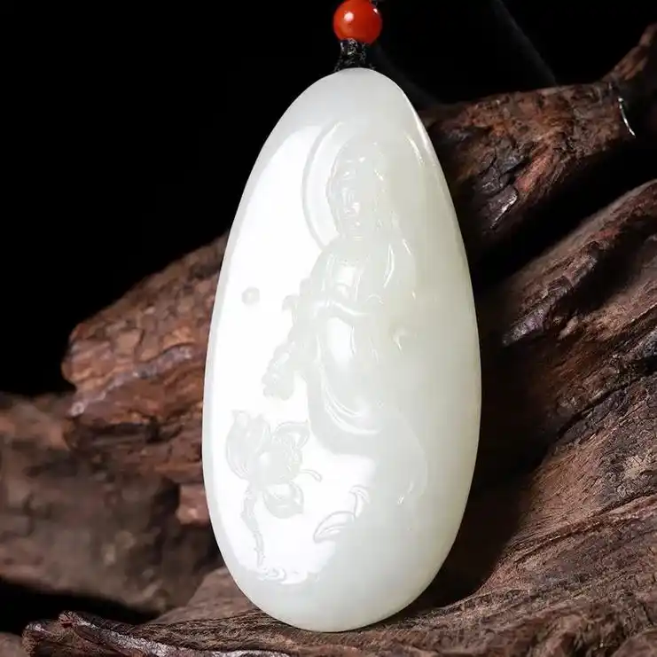天然新疆和田玉羊脂玉观音吊坠
