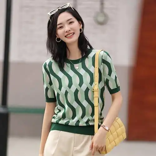 正品哥弟新款2022春夏复古条纹冰丝针织衫宽松t恤