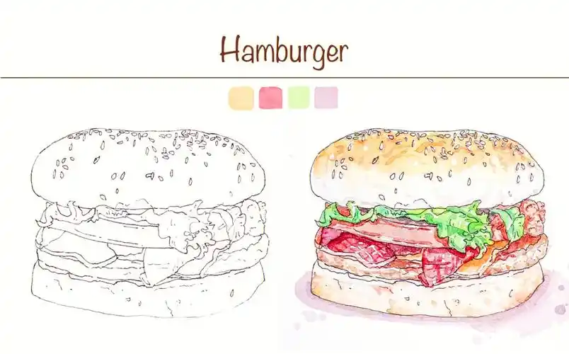 钢笔淡彩治愈美食汉堡包线稿77上色步骤图