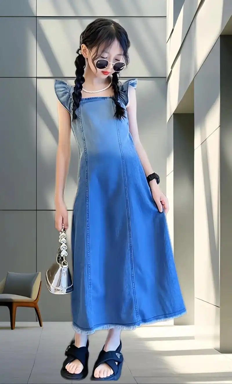 我的小仙女们,今天给你们带来的是最新款的女童吊带牛仔裙!