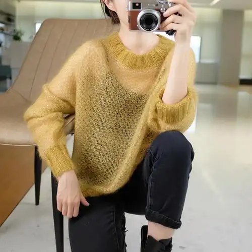 春秋温柔显白薄款马海毛毛衣宽松时尚套头镂空海马毛针织衫百搭