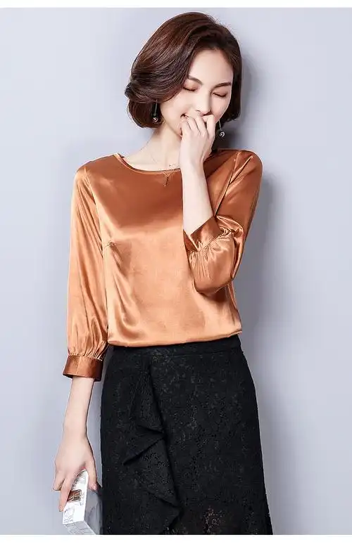 春装真丝绸缎面打底衫女夏七分袖宽松显瘦桑蚕丝上衣时尚百搭t恤 黑色