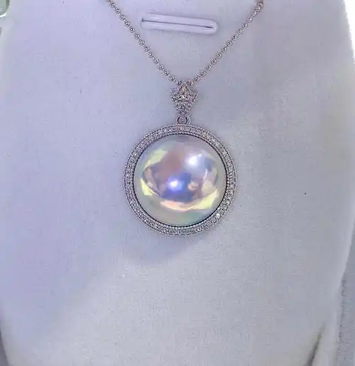 18-19mm日本海水蓝色马贝珍珠吊坠18k金镶嵌钻石0.25ct 不含链