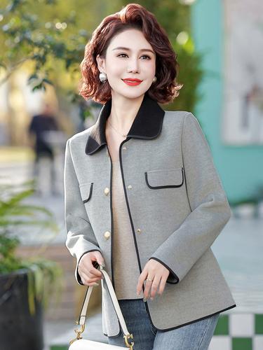 春装外套中老年女装短款上衣撞色翻领气质时尚新款小个子妈妈装