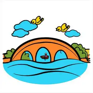 用于着陆页面大桥路图标集,卡通风格蓝色背景上的道路桥梁和