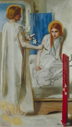 "(《路加福音》第一章,第29节)画面中天使和玛利亚身着白衣,天使手持