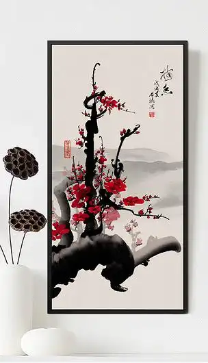 唯美新中式手绘梅花树枝玄关背景墙装饰画