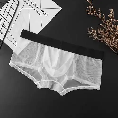 男士冰丝网纱内裤低腰性感超薄透明纯欲平角裤男u凸透气无痕四角