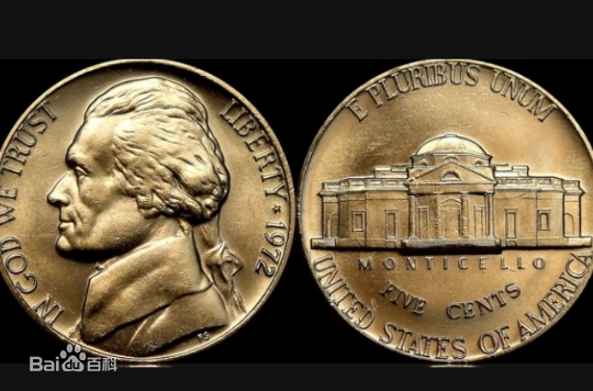 正面是美国总统杰斐逊的头像,反面面是美国杰斐逊故居.