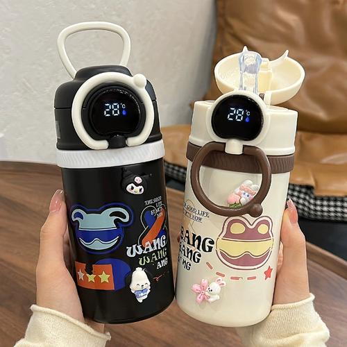 智能显温水杯儿童吸管保温杯女生新款2023学生上学专用食品级316