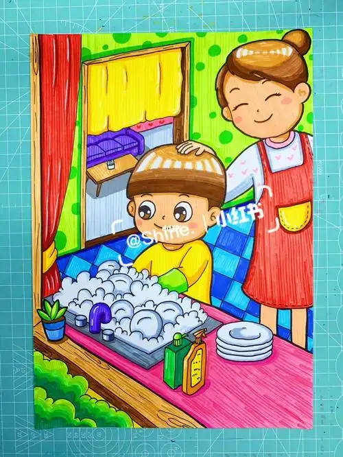 劳动节主题画|帮妈妈做家务|爱劳动|洗碗|假期生活#儿童画  #简笔画