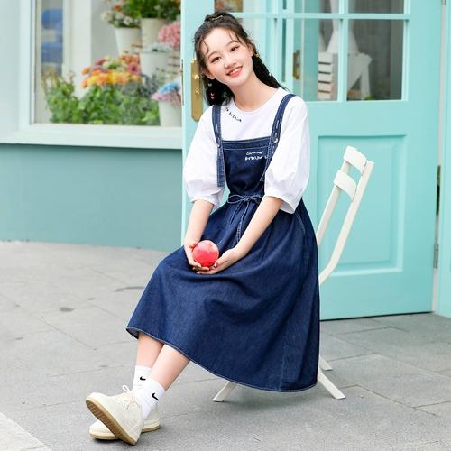 少女大童秋装吊带连衣裙2023新款初高中学生牛仔背带裙套装女夏季