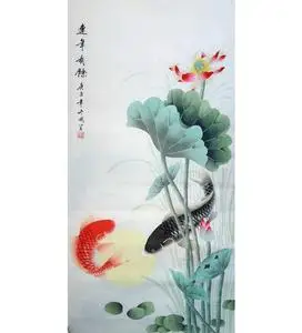 纯手绘真迹国画成品工笔画荷花鱼三尺竖幅工笔花鸟画画芯未装裱国