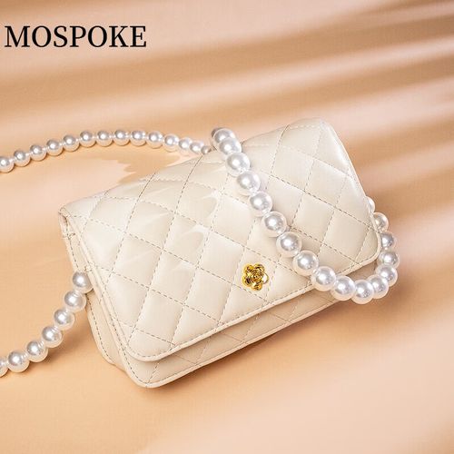 mospoke山茶花包包女夏潮小香风菱格链条包斜挎小包 白色