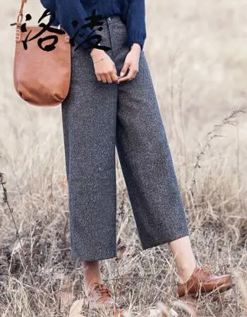 洛凌阔腿裤女九分裤2017秋季新韩版呢子高腰文艺西装宽腿裤休闲直筒裤