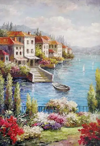 xt92244美式玄关海边花园船红房子帆船托马斯油画蓝色