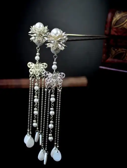 包邮珍珠对簪步摇长流苏步步生莲簪子汉服古装头饰旗袍cos仙女