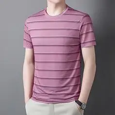 罗冠2024夏季中年男士短袖t恤爸爸夏装上衣圆领冰丝条纹半袖中老年男