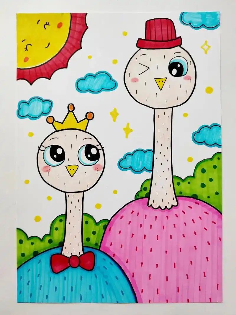 可爱鸵鸟.创意儿童画--可爱的鸵鸟,适合中大班小朋友哦.观察 - 抖音