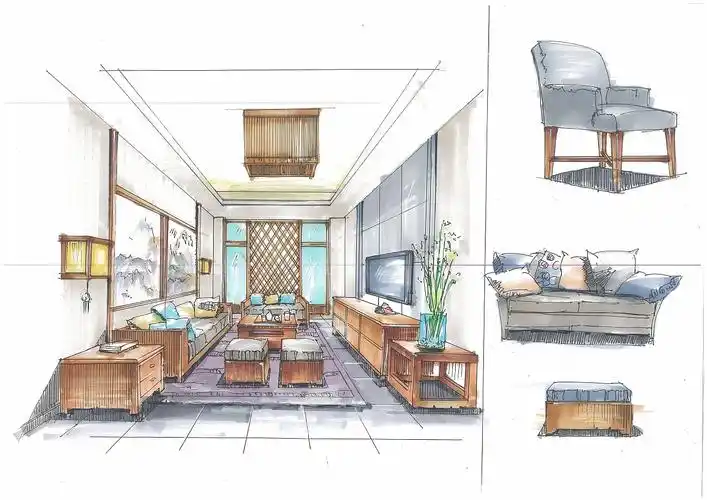 中式空间手绘效果图