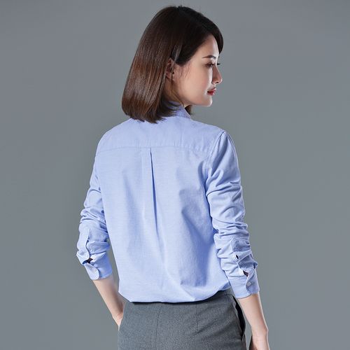 璐丝百丽纯棉衬衫女长袖2020春装新款时尚蓝色衬衣职业ol刺绣上衣