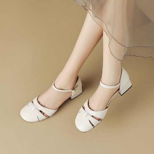 凉鞋女2024年款夏季包头皮凉鞋罗马鞋夏款粗跟女鞋中跟配裙子