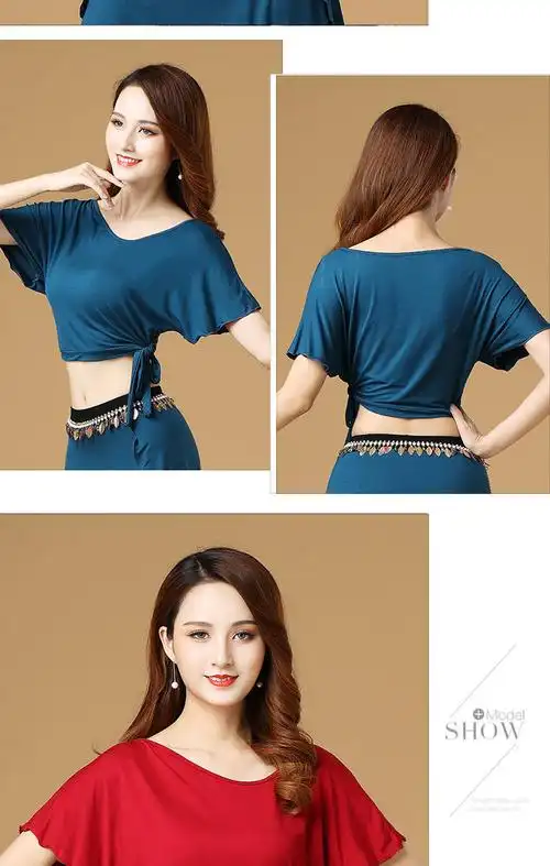 肚皮舞舞蹈服女上衣拉丁舞服形体服上衣短款露肚脐 酒红(单上衣) m