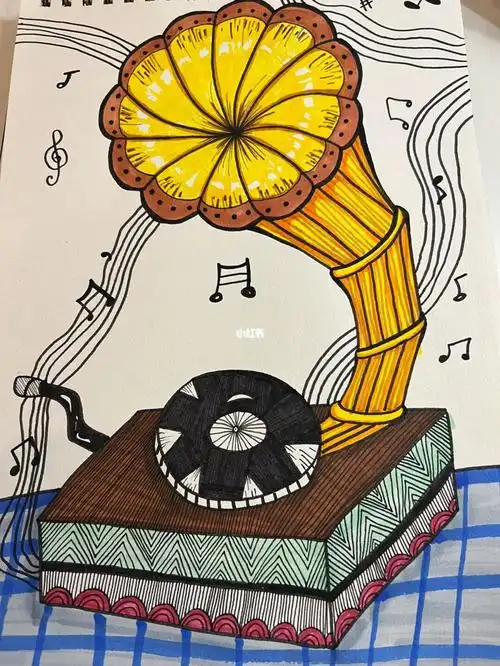 马克笔手绘  #马克笔绘画  #马克笔儿童画  #留声机  #留声机绘画