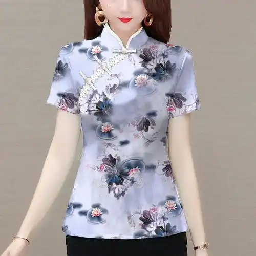 2024夏季新款民族风改良款旗袍上衣短袖t恤女中老年妈妈装打底衫 - 17