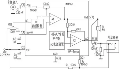 由lm4065功放ic组成的带dc音量控制的750mw桥接负载音频放大器电路
