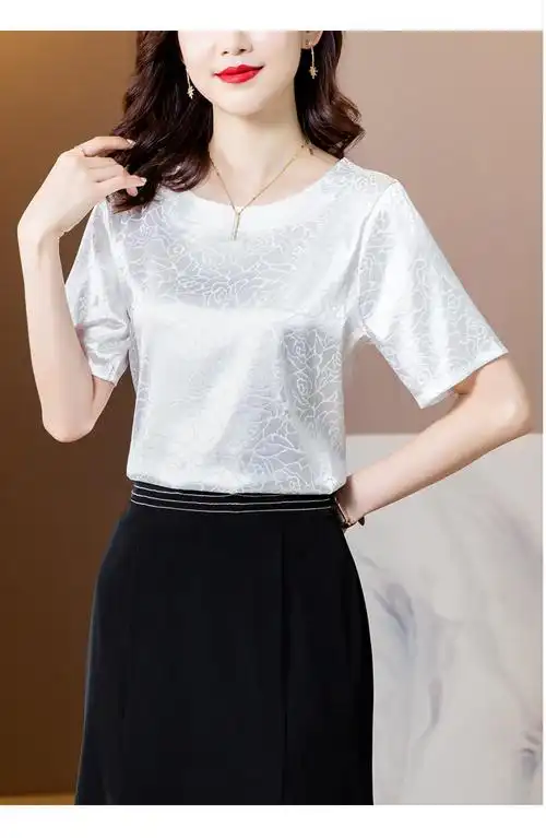 湘幕雪品牌高档女装重磅真丝上衣女桑蚕丝短袖恤夏装新款大码气质中年