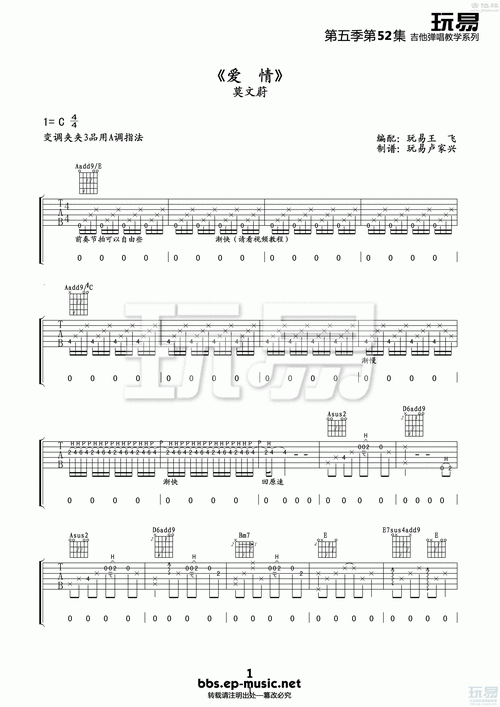 玩易a调版莫文蔚爱情吉他弹唱六线谱
