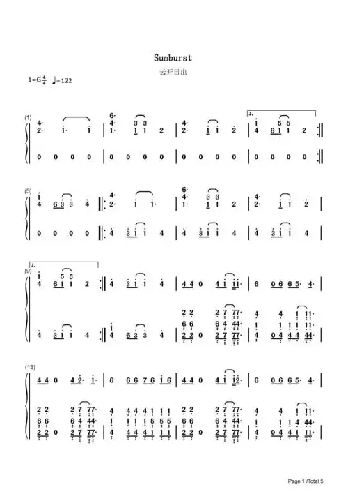 sunburst_tobu itro_g调 _流行钢琴双手简谱_钢琴谱|钢琴五线谱|钢琴