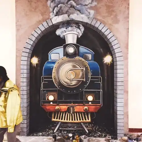 北京墙绘浮雕壁画立体写实火车头手绘涂鸦墙体彩绘网红打卡文化墙制作