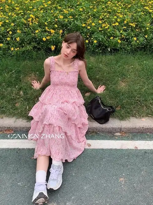 伊莎贝尔粉色碎花吊带连衣裙女装夏季收腰显瘦a字长款绝美蛋糕… - 17