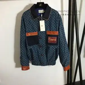 gucci/古驰 22早春明星款时尚单排扣拼皮口袋双g提花长袖牛仔外套